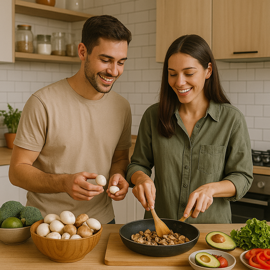 Couple cooking together with fresh mushrooms