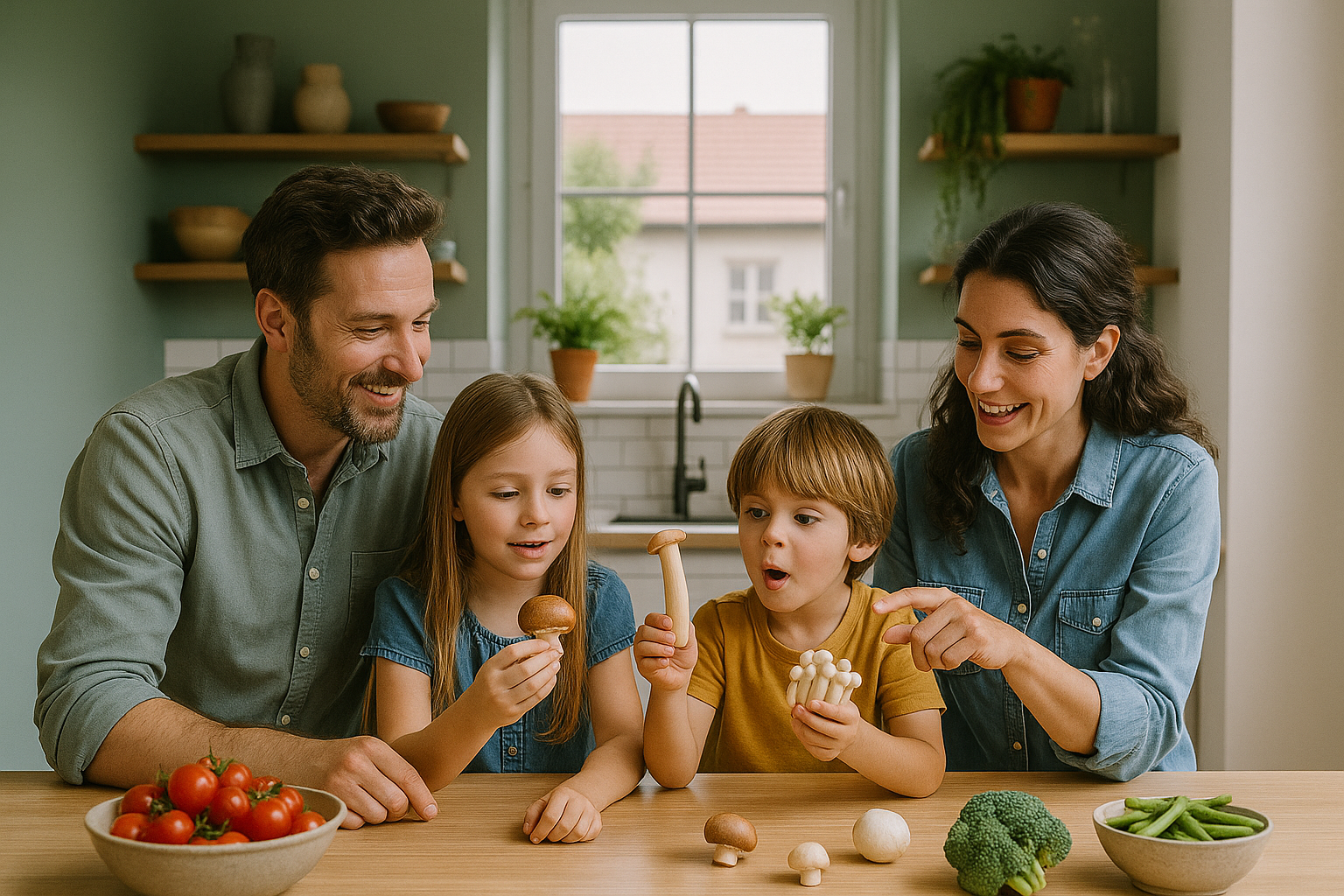 Happy family discovering fresh mushrooms in modern kitchen