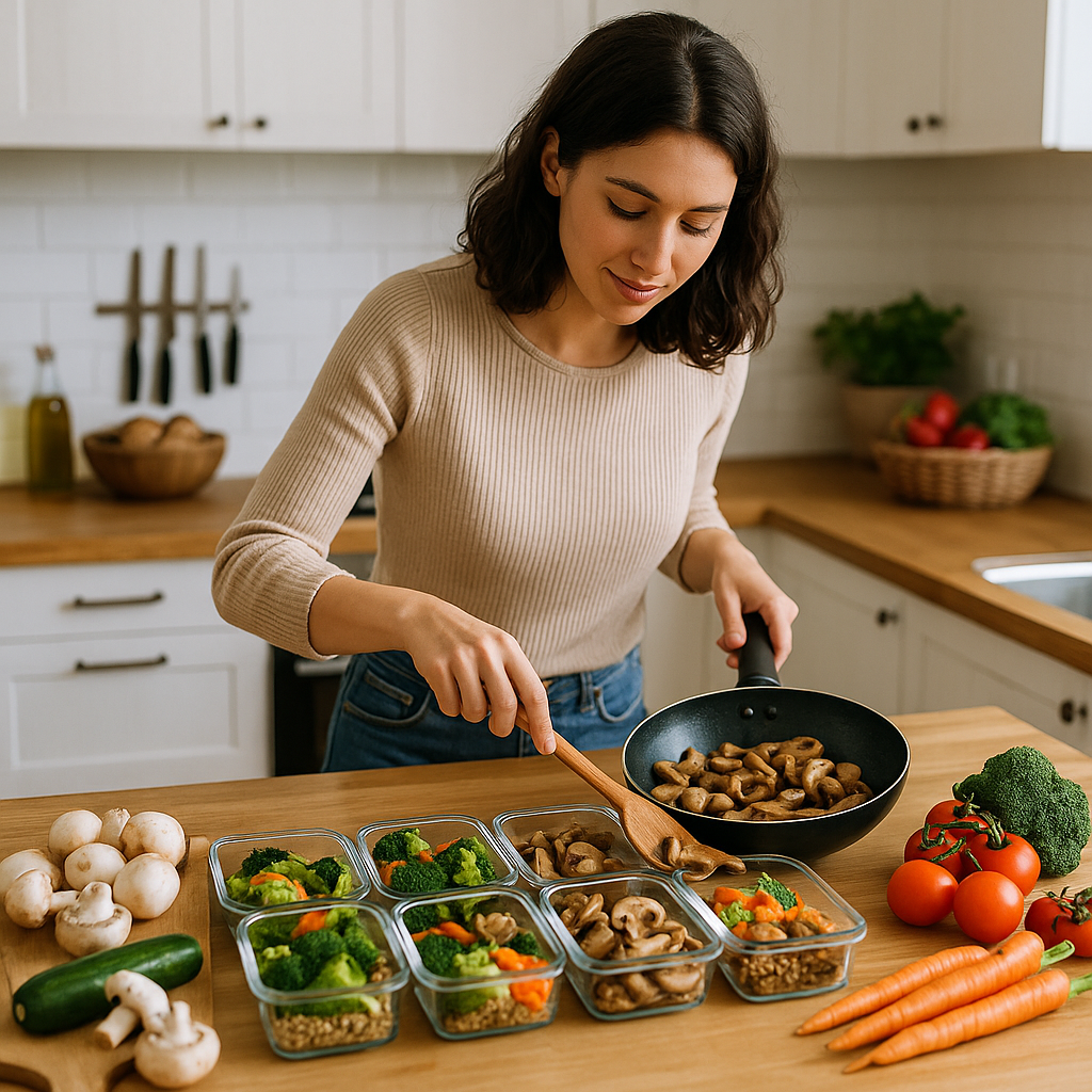 Woman meal prepping with fresh home-grown mushrooms