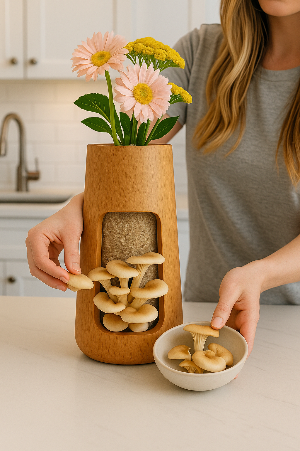 Woman harvesting fresh oyster mushrooms from Mushie kit in kitchen