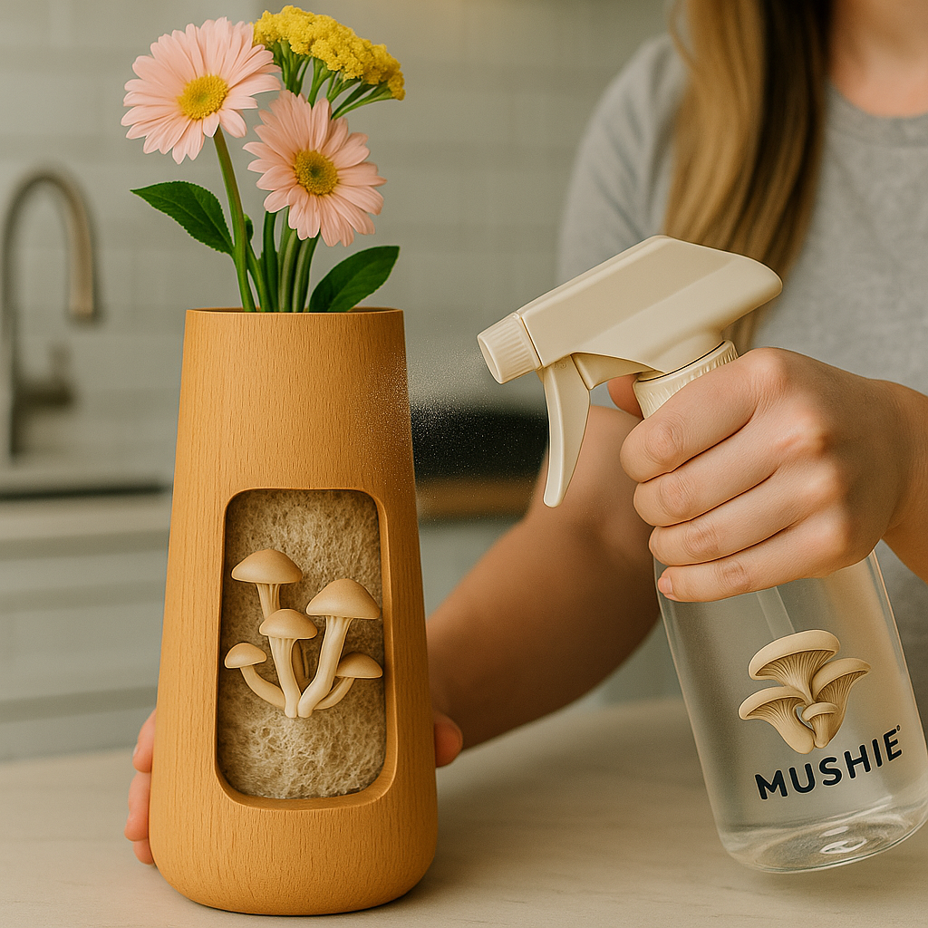 Woman misting Mushie kit with growing mushrooms in bright kitchen