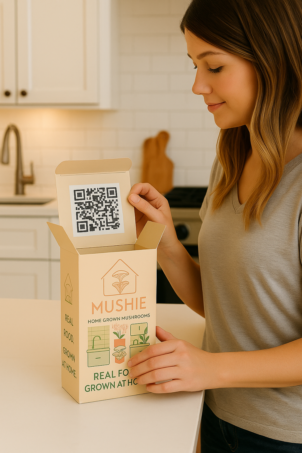 Woman unboxing Mushie kit in modern kitchen, showing QR code inside lid