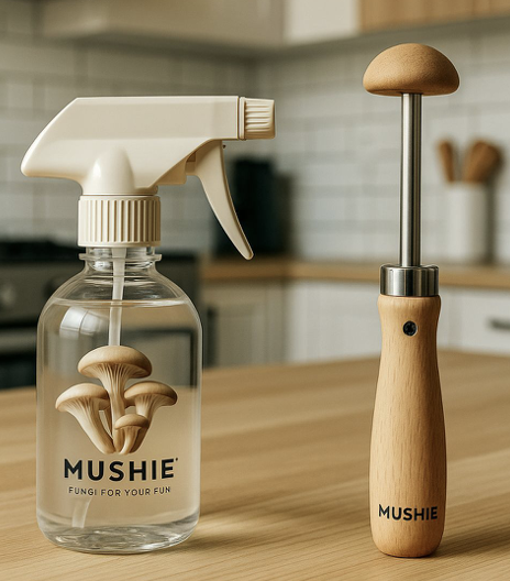 Mushie growing accessories - precision misting bottle and wooden harvesting tool